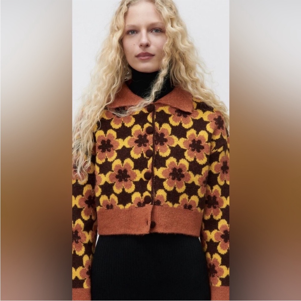 Floral Patterned Brown and Yellow Women's Sweater